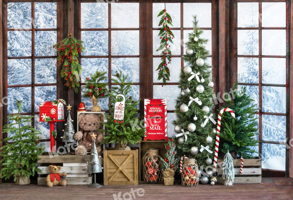 Kate Christmas Printed Backdrop Gifts Window Teddy Bear Designed by Emetselch