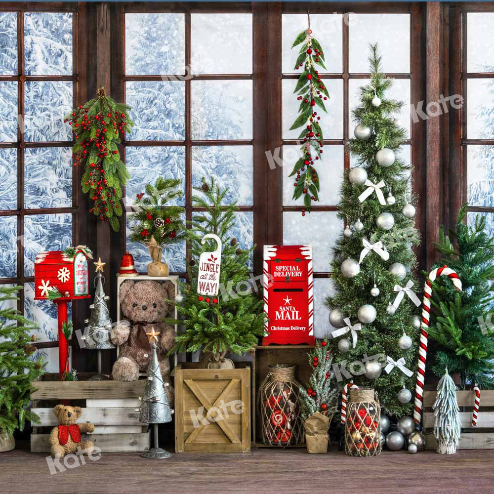 Kate Christmas Printed Backdrop Gifts Window Teddy Bear Designed by Emetselch