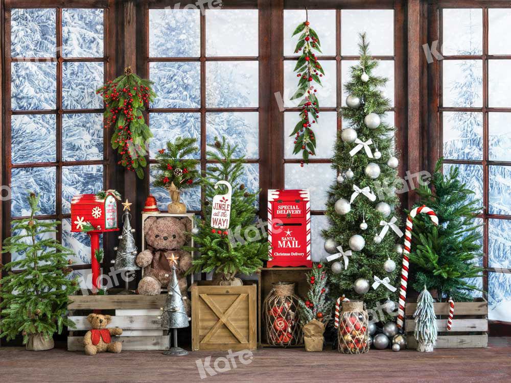 Kate Christmas Printed Backdrop Gifts Window Teddy Bear Designed by Emetselch