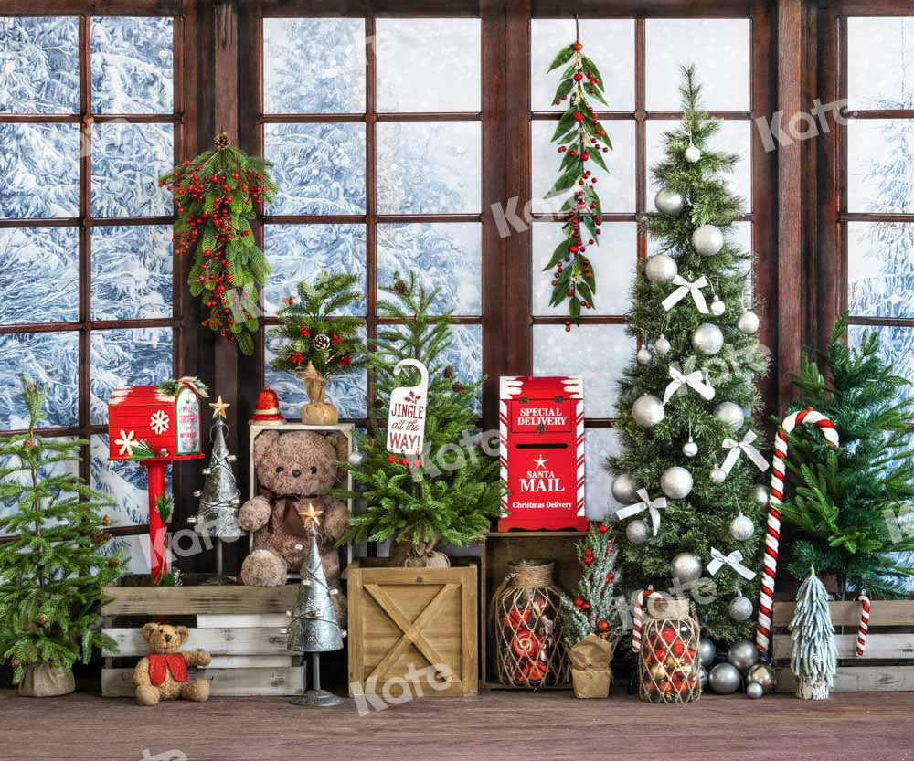Kate Christmas Printed Backdrop Gifts Window Teddy Bear Designed by Emetselch