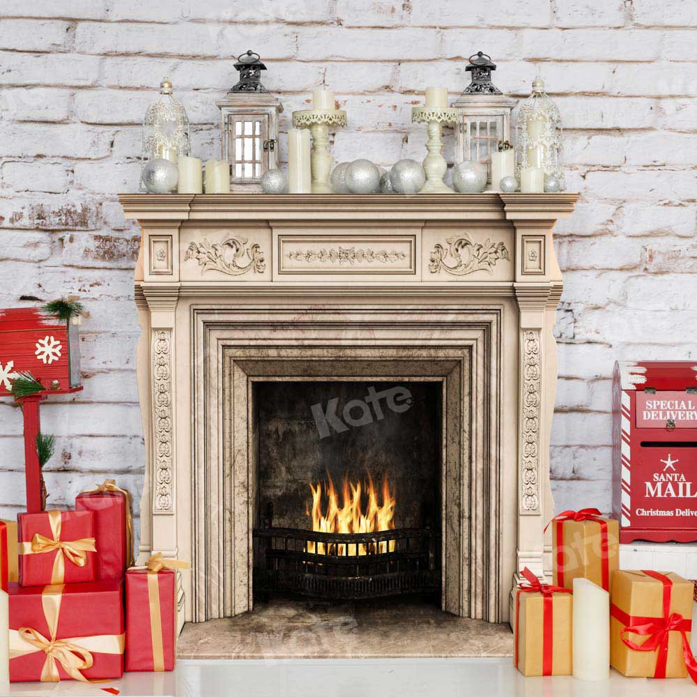 Kerstachtergrond haardcadeaus witte wand ontworpen door Chain Photography