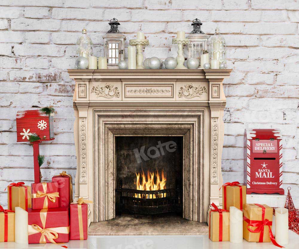 Kerstachtergrond haardcadeaus witte wand ontworpen door Chain Photography