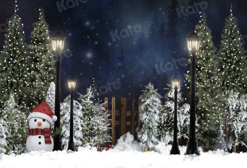 Kate Winter Christmas Backdrop Outdoor Snowman Fence Light Snow for Photography