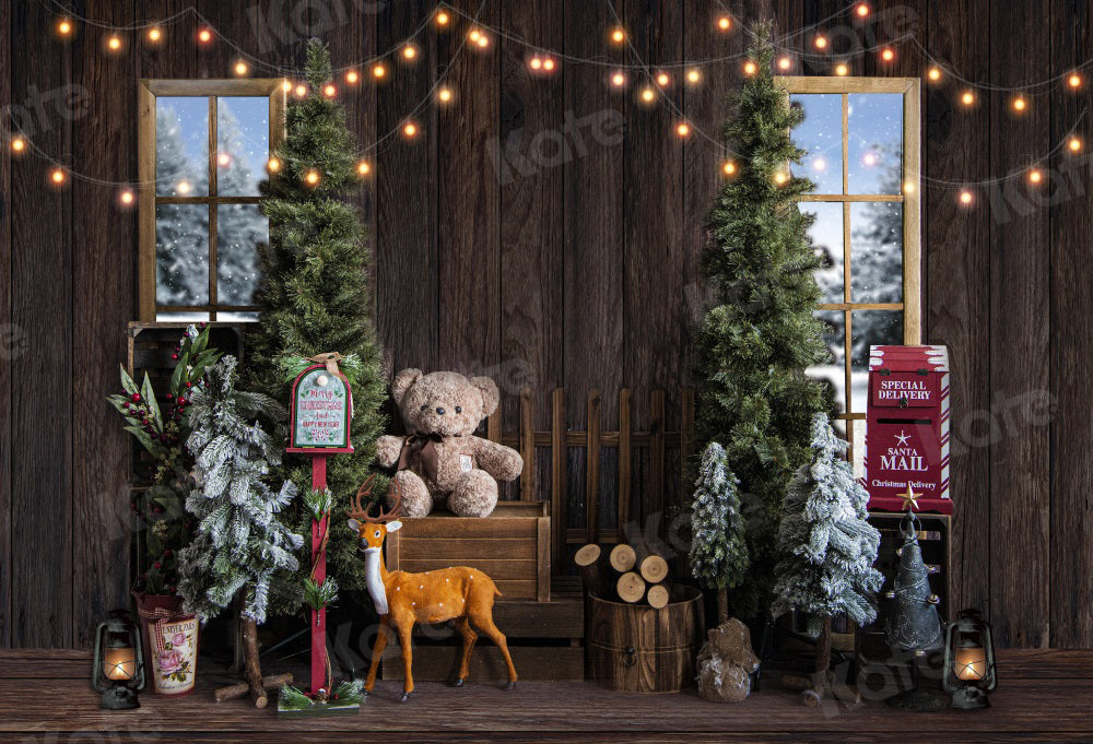 Christmas Bear Toys Backdrop Gifts Window Kids Portrait Background Photo  Xmas Trees Red Curtain Winter Photography Photoshoot