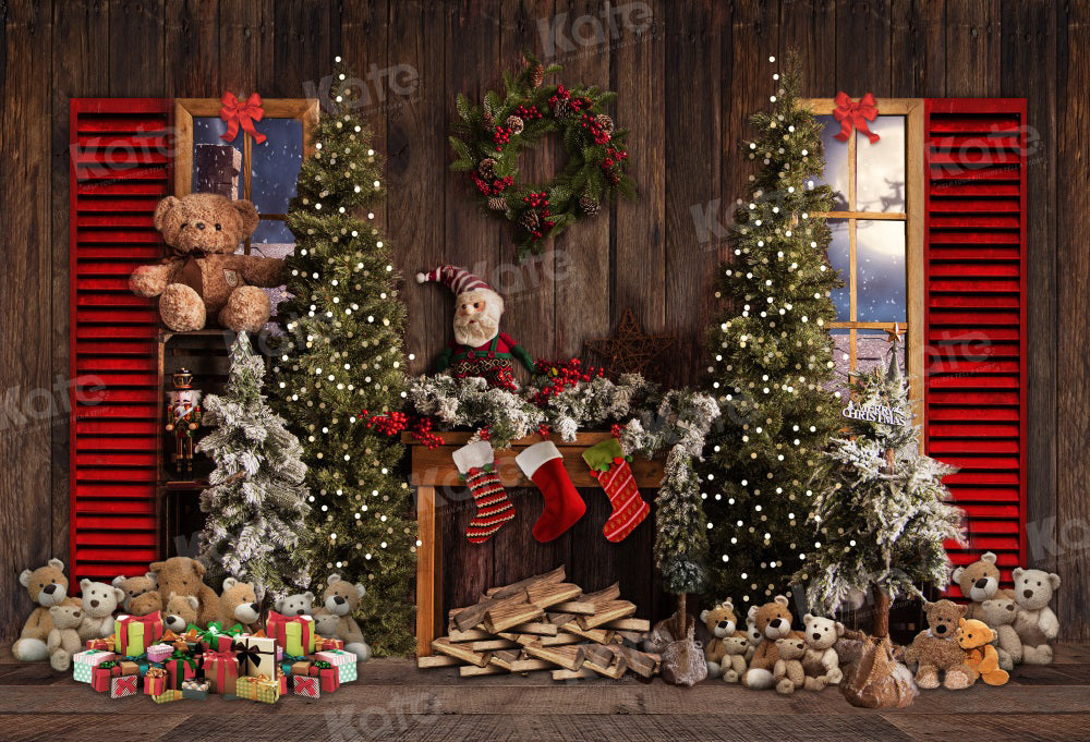Vintage Houten Achtergrond Kerst Haard Teddybeer voor Fotografie