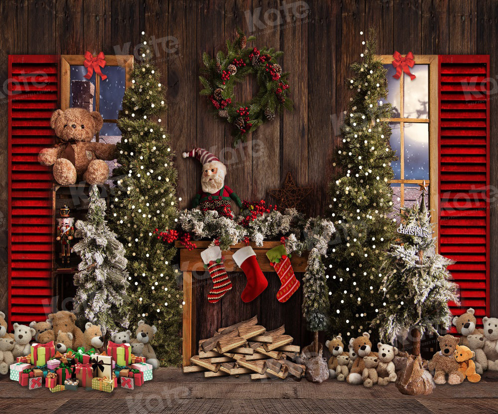 Vintage Houten Achtergrond Kerst Haard Teddybeer voor Fotografie