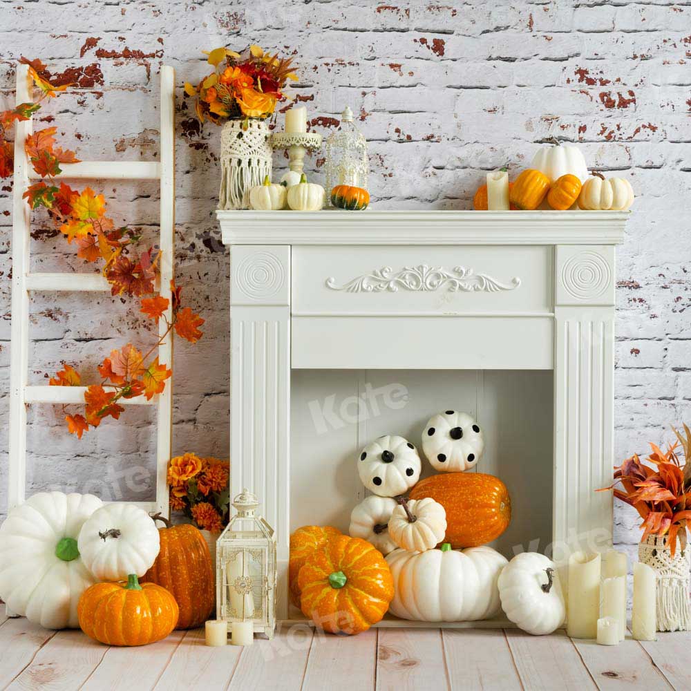 Kate Autumn Backdrop Pumpkin Old White Brick Wall Fireplace Designed by Emetselch