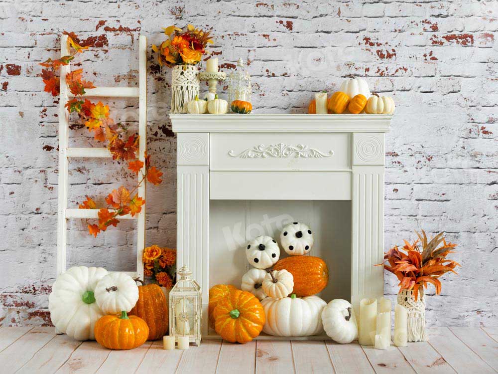Kate Autumn Backdrop Pumpkin Old White Brick Wall Fireplace Designed by Emetselch