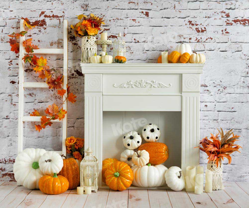 Kate Autumn Backdrop Pumpkin Old White Brick Wall Fireplace Designed by Emetselch