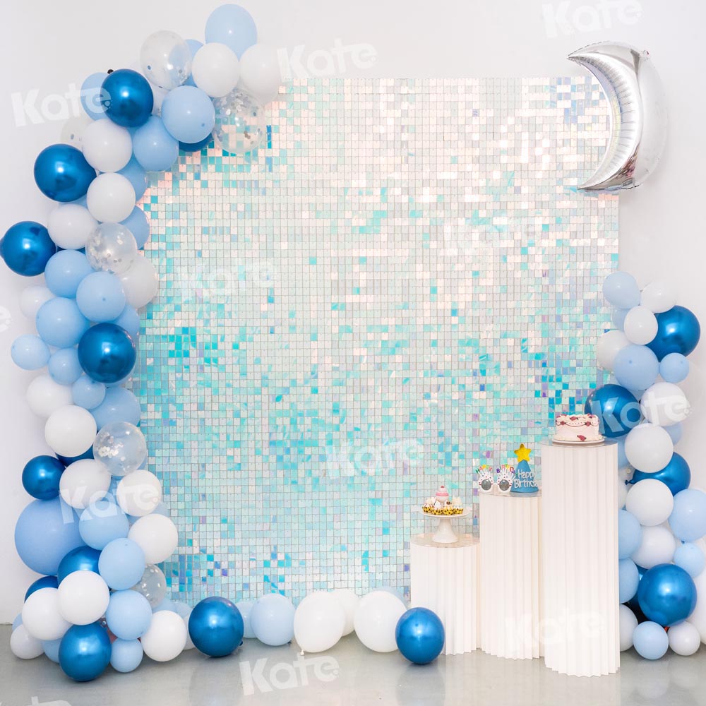 Verjaardagsachtergrond Blauwe Maan Ballonnen Paillettenmuurfeest Ontworpen door Emetselch