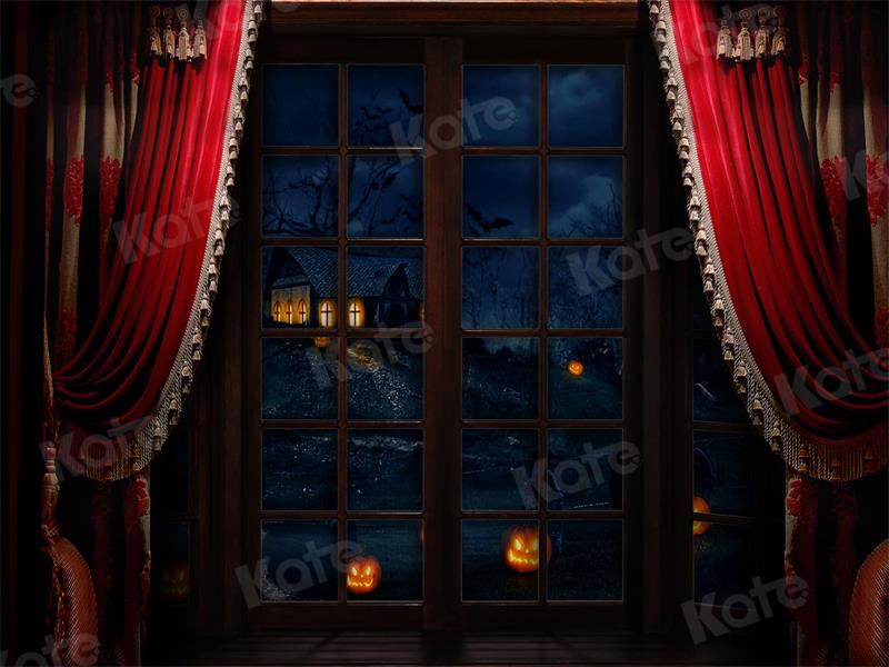 Kate Halloween Backdrop Window Red Curtain Night for Photography