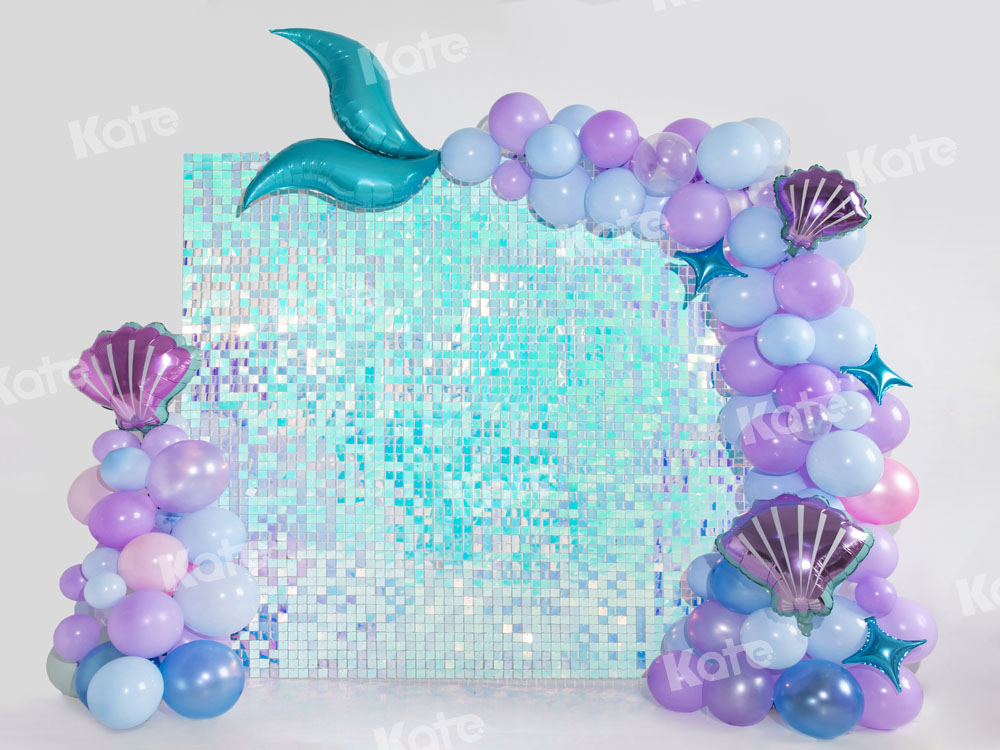 Kate Blue Green Mermaid Balloons Backdrop Printed Shiny Birthday Designed by Emetselch