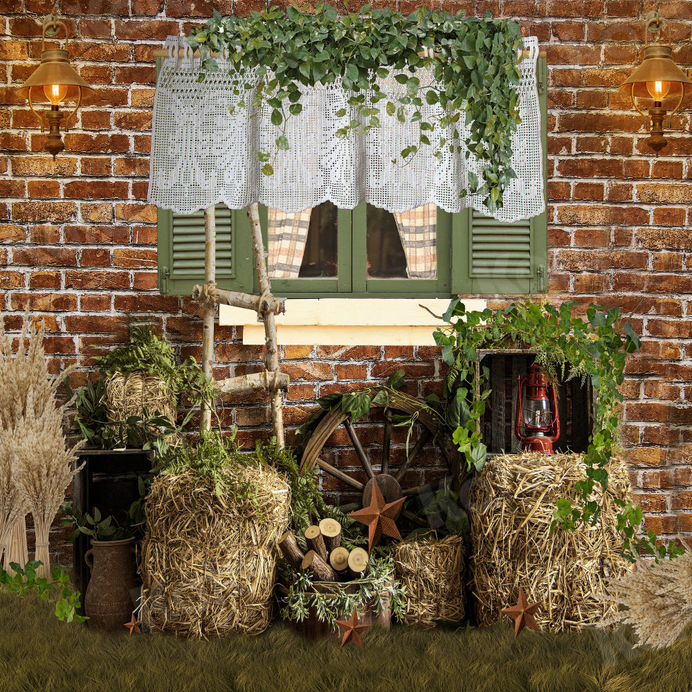 Zomer Bakstenen Muur Venster Hooiberg Achtergrond voor Fotografie