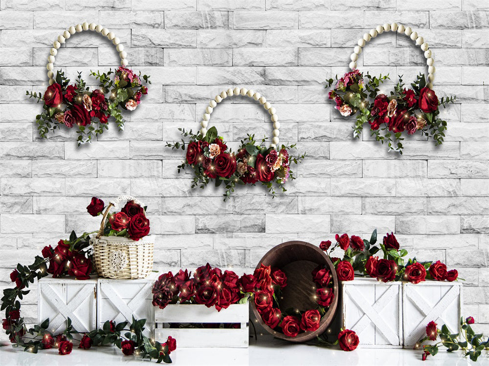 Fondo de pared de ladrillos blancos para fotografiar venta de rosas para el Día de San Valentín