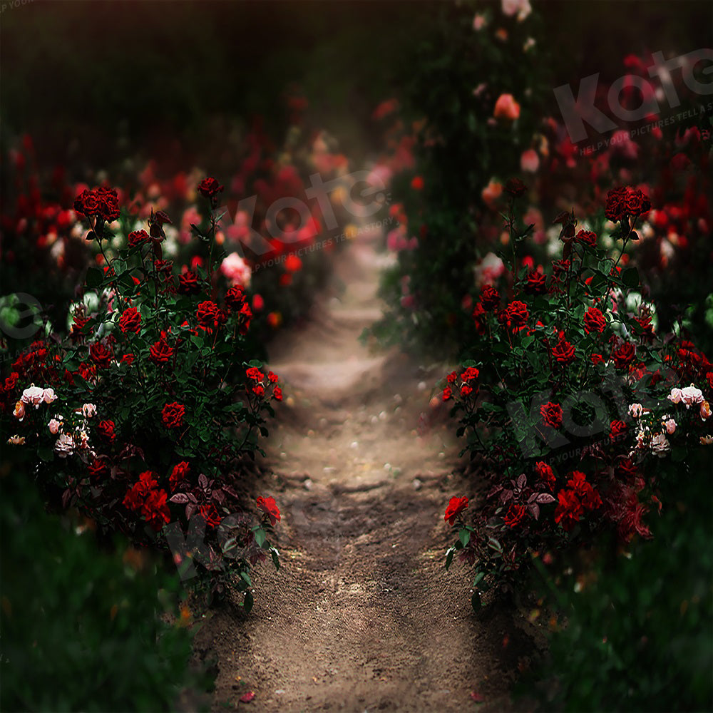 Fondo de camino de jardín de rosas para fotografía del Día de San Valentín