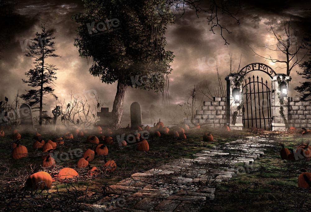 Halloween Gate Pumpkin Yard Night Backdrop Progettato da Chain Photography