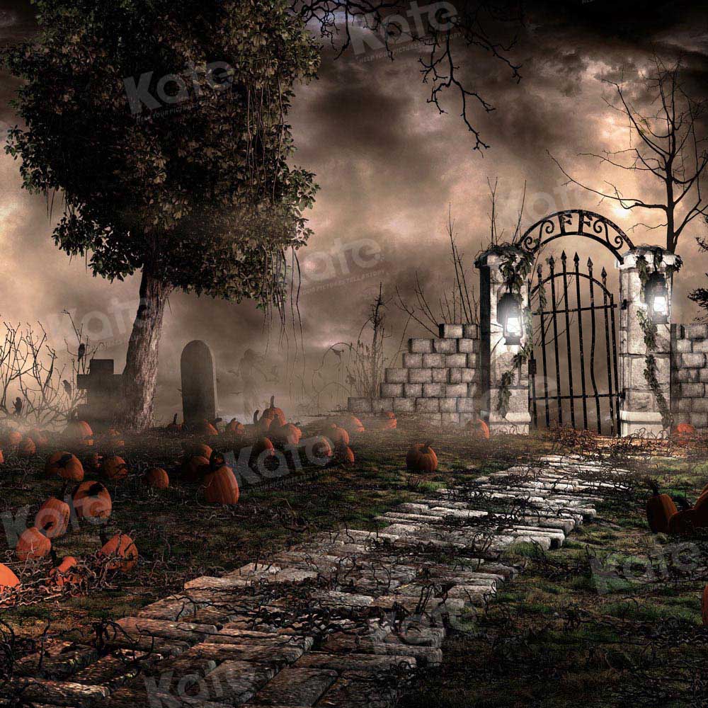 Halloween Gate Pumpkin Yard Night Backdrop Progettato da Chain Photography