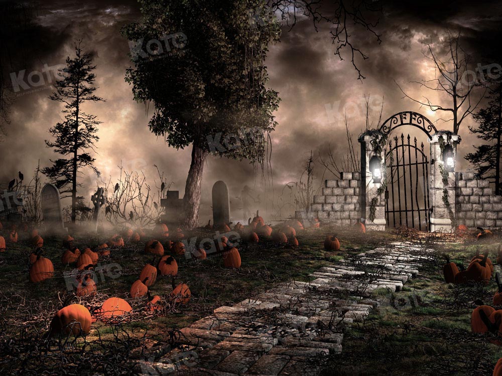 Halloween Gate Pumpkin Yard Night Backdrop Progettato da Chain Photography