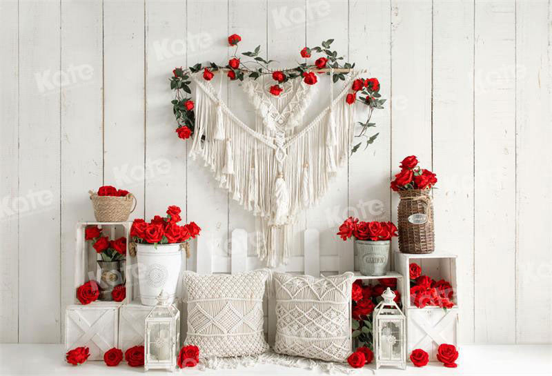 Valentine's Day Boho Rose White Wall Achtergrond voor Fotografie