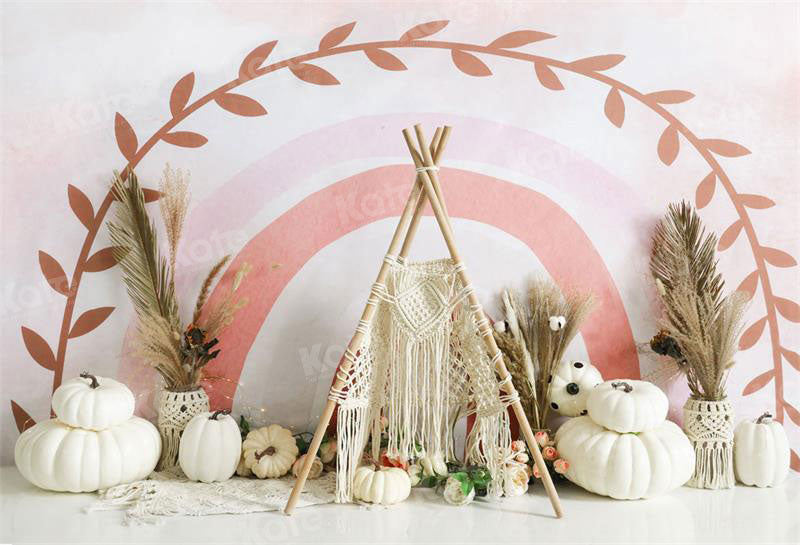Boho Roze Regenboogtent Pompoenen Achtergrond voor Fotografie