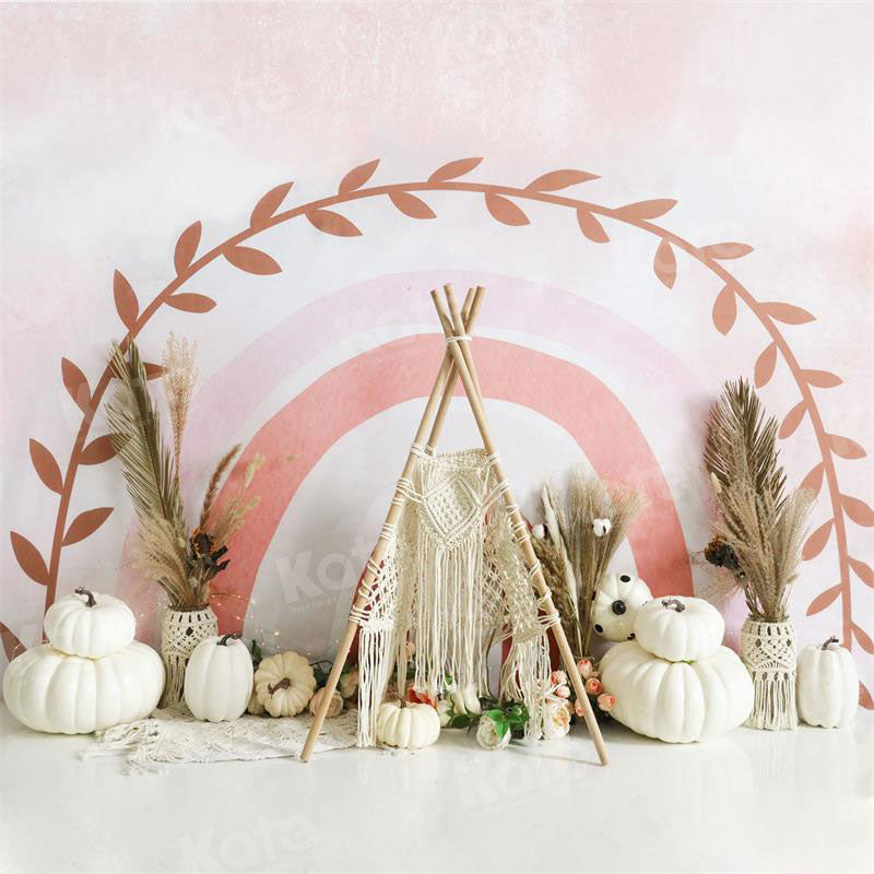 Boho Roze Regenboogtent Pompoenen Achtergrond voor Fotografie