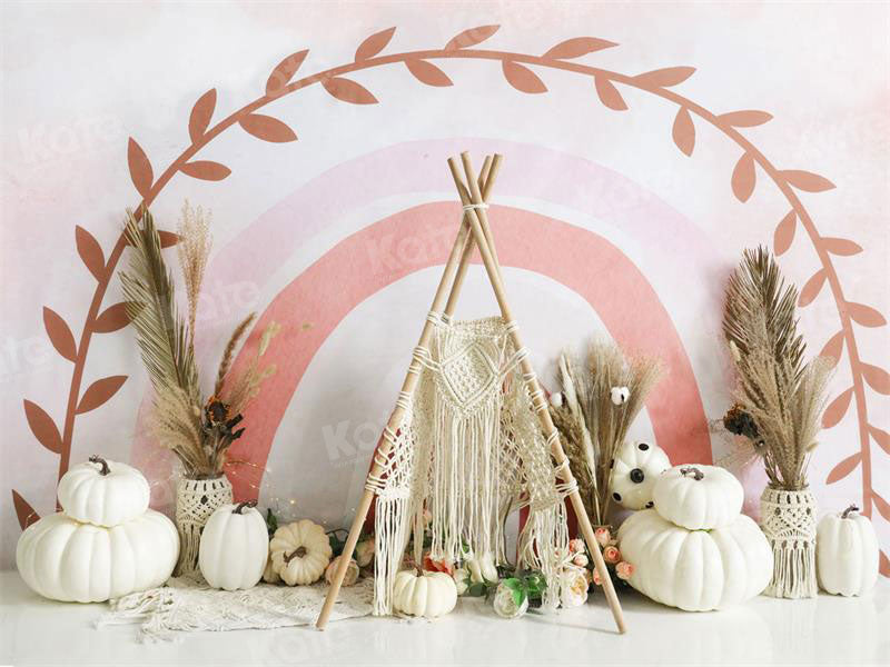 Boho Roze Regenboogtent Pompoenen Achtergrond voor Fotografie