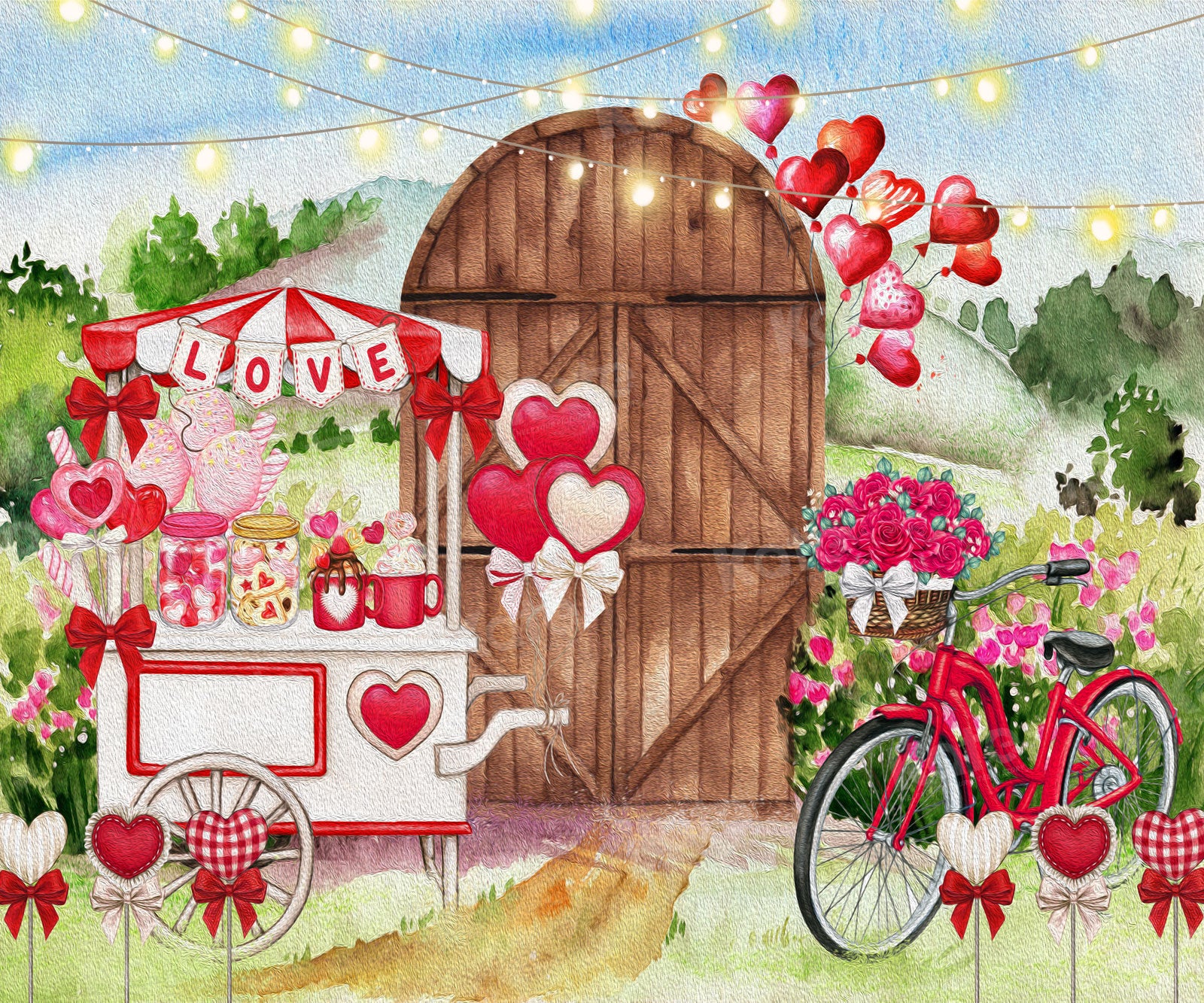Kate Valentine's Day Painting Love Candy Cart Door Backdrop for Photography