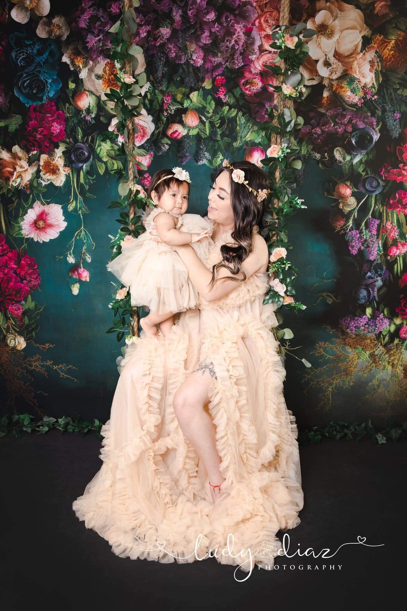 Kate Spring Fine Art Oil Painterly Floral Dark Teal Backdrop Designed by Mini MakeBelieve