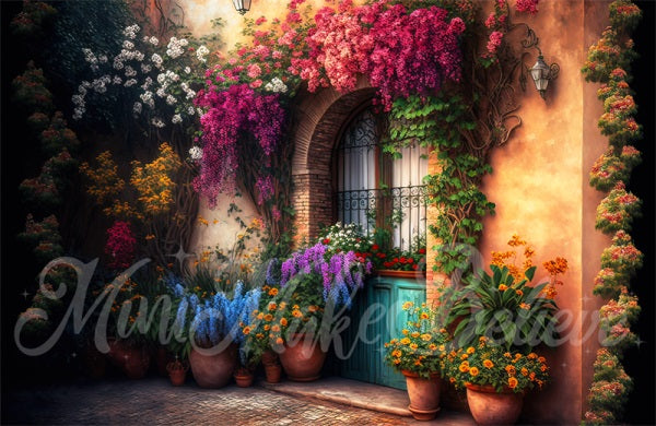 Fondo de casa colorido de primavera con flores al aire libre diseñado por Mini MakeBelieve