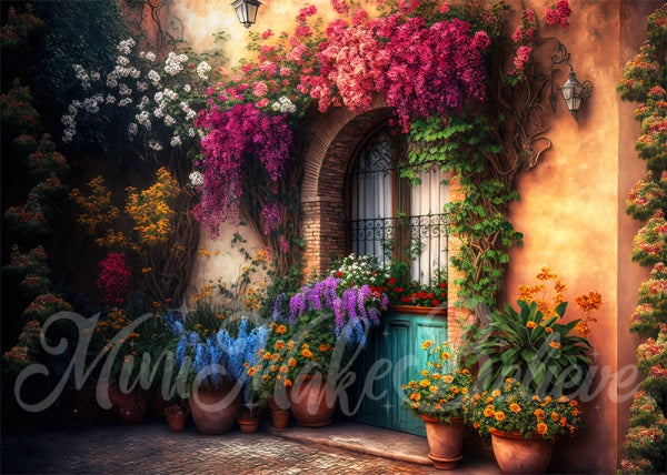 Fondo de casa colorido de primavera con flores al aire libre diseñado por Mini MakeBelieve