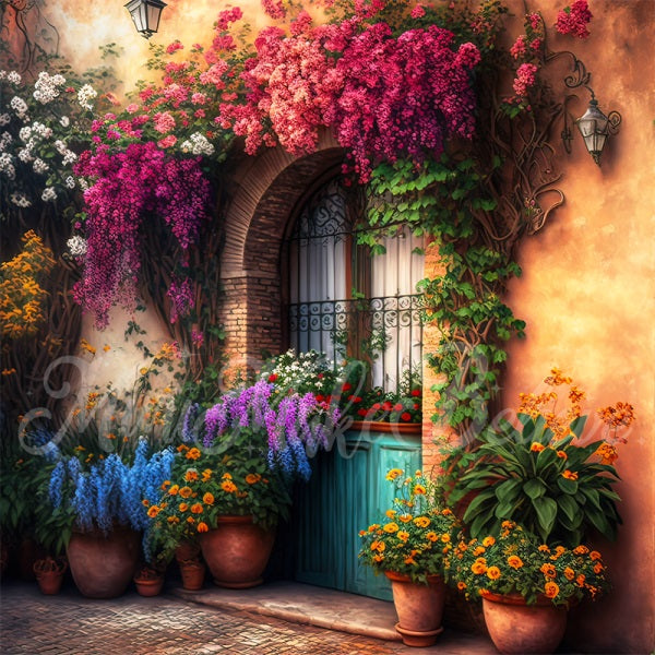 Fondo de casa colorido de primavera con flores al aire libre diseñado por Mini MakeBelieve