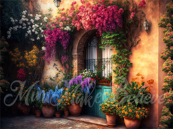 Fondo de casa colorido de primavera con flores al aire libre diseñado por Mini MakeBelieve
