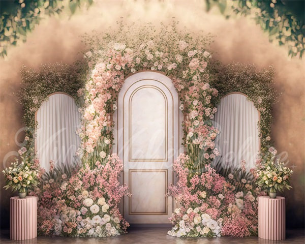 Panel de fondo de paneles de mármol rosa floral de primavera pintado por Mini MakeBelieve