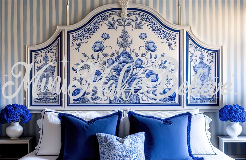 Kate Painted Blue and White Delft Style Boudoir Headboard Backdrop Designed by Mini MakeBelieve