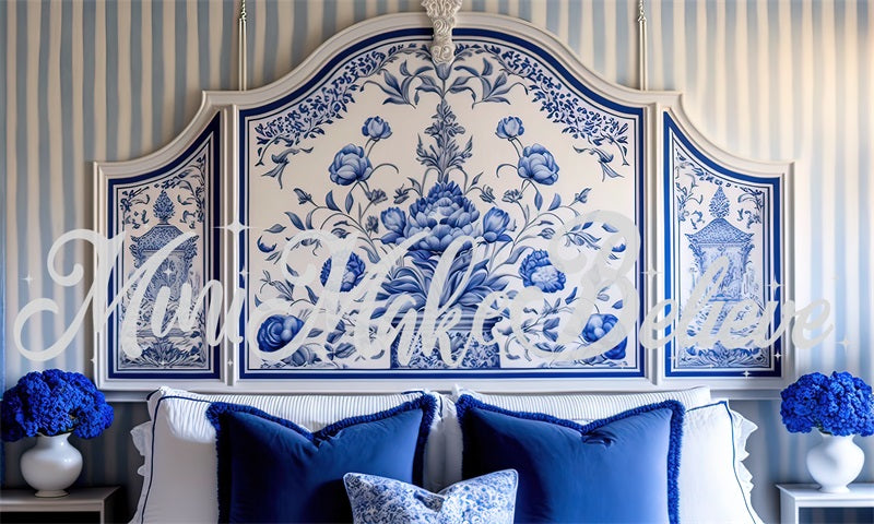 Kate Painted Blue and White Delft Style Boudoir Headboard Backdrop Designed by Mini MakeBelieve