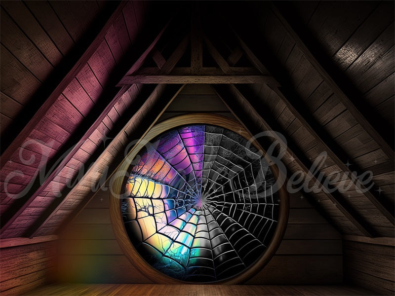 Kate Spooky Halloween Attic Dorm Room Colorful Spiderweb Window Backdrop Designed by Mini MakeBelieve