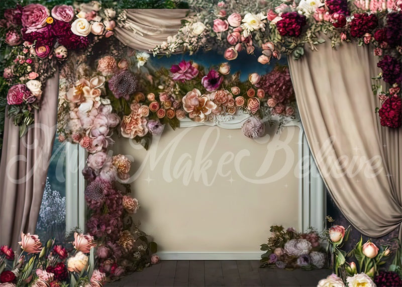 Kate Painterly Fine Art Floral Antique Fireplace with Curtains Backdrop Designed by Mini MakeBelieve