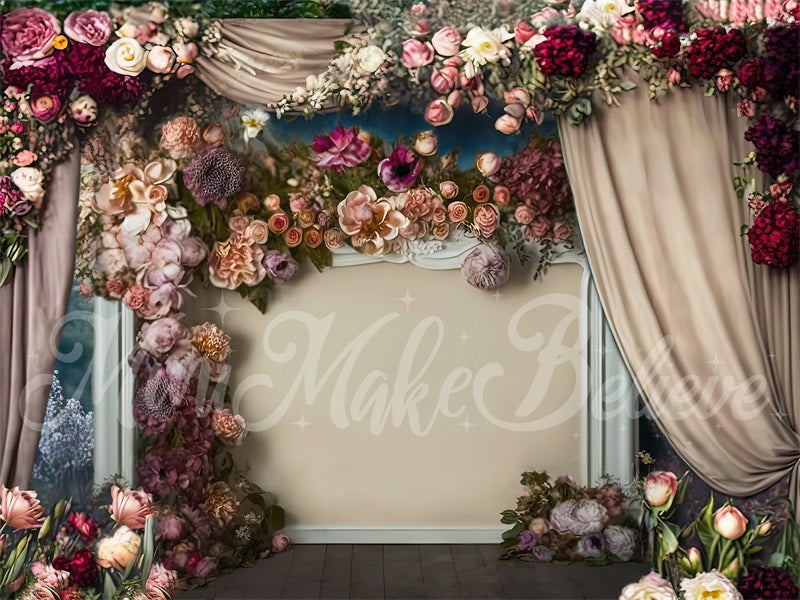 Kate Painterly Fine Art Floral Antique Fireplace with Curtains Backdrop Designed by Mini MakeBelieve