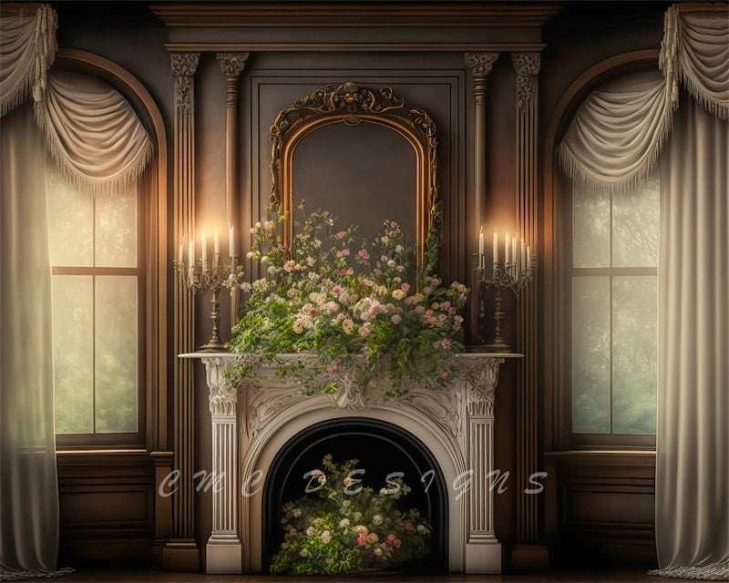 Kate Retro Wall Spring Warm Victorian Manor Castle Stage Window Fireplace Backdrop Designed by Candice Compton