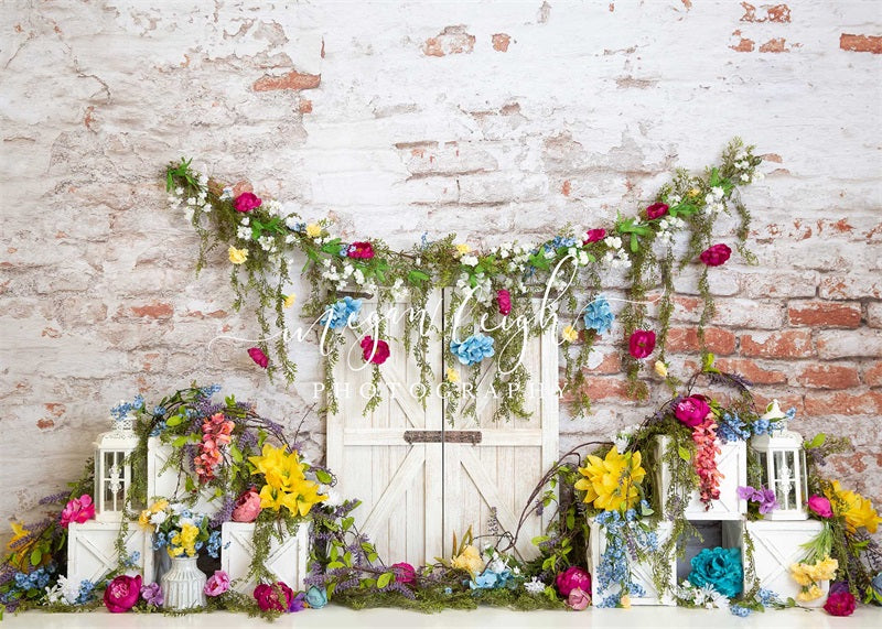 Vibrant Blossoms Floral Brick Wall Backdrop disegnato da Megan Leigh Photography