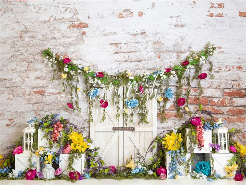 Vibrant Blossoms Floral Brick Wall Backdrop disegnato da Megan Leigh Photography
