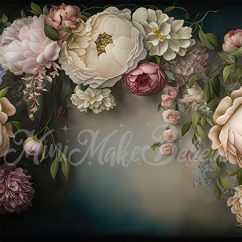Kate Blue White Painterly Fine Art Floral Backdrop Designed by Mini MakeBelieve