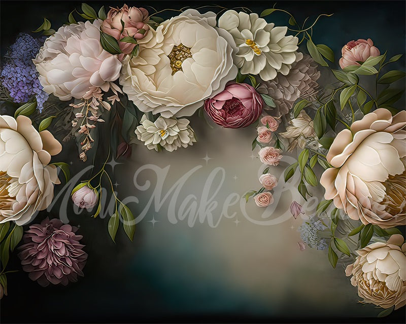 Kate Blue White Painterly Fine Art Floral Backdrop Designed by Mini MakeBelieve