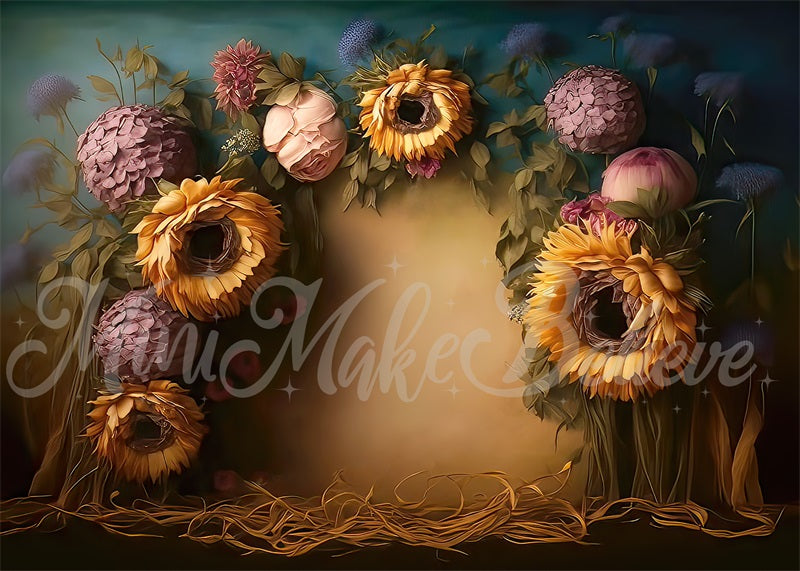 Kate Sunflowers Painterly Fine Art Floral Backdrop Designed by Mini MakeBelieve