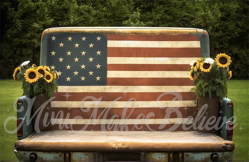 Pittore Bandiera Americana Dipinta di Luglio 4 Independence Sunflower Truck Backdrop Progettata da Mini MakeBelieve