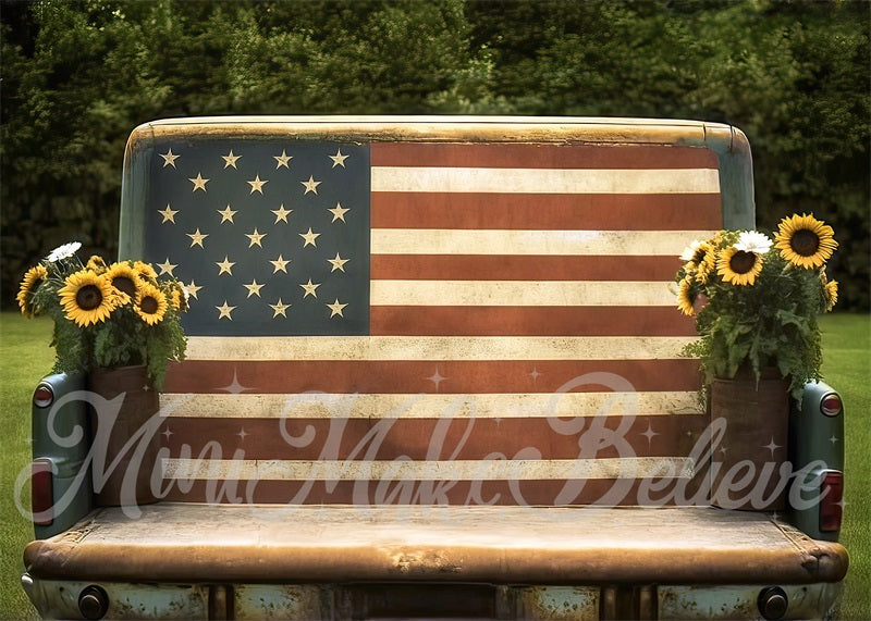 Pittore Bandiera Americana Dipinta di Luglio 4 Independence Sunflower Truck Backdrop Progettata da Mini MakeBelieve