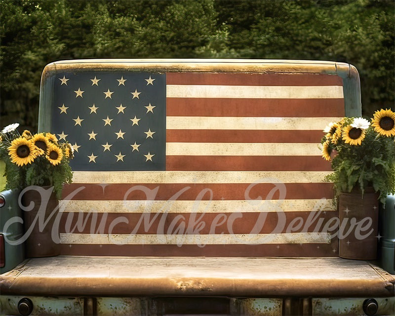Pittore Bandiera Americana Dipinta di Luglio 4 Independence Sunflower Truck Backdrop Progettata da Mini MakeBelieve