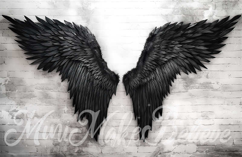Kate Painterly Dark Angel Wings on Distressed White Brick Backdrop Designed  by Mini MakeBelieve