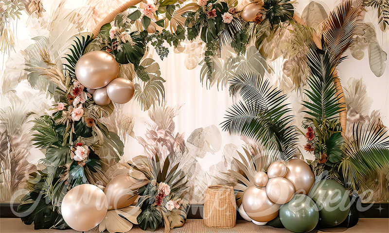 Decoración de cumpleaños de Smash Cake con arco de flores y globos de estilo bohemio de arte fino de pintura diseñado por Mini MakeBelieve