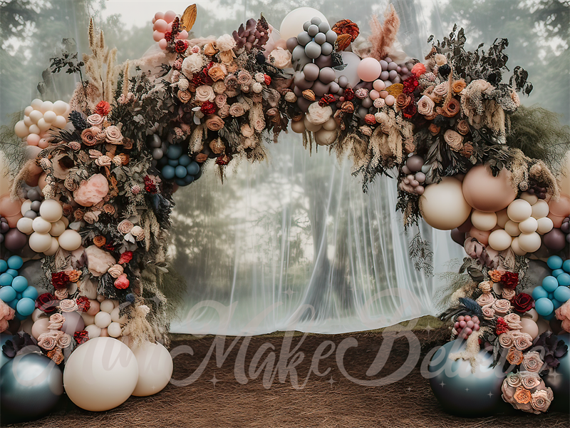 Schilderachtige fijne kunst Bos Verzachte Pastel Boog met Gordijn Foto Achtergrond ontworpen door Mini MakeBelieve